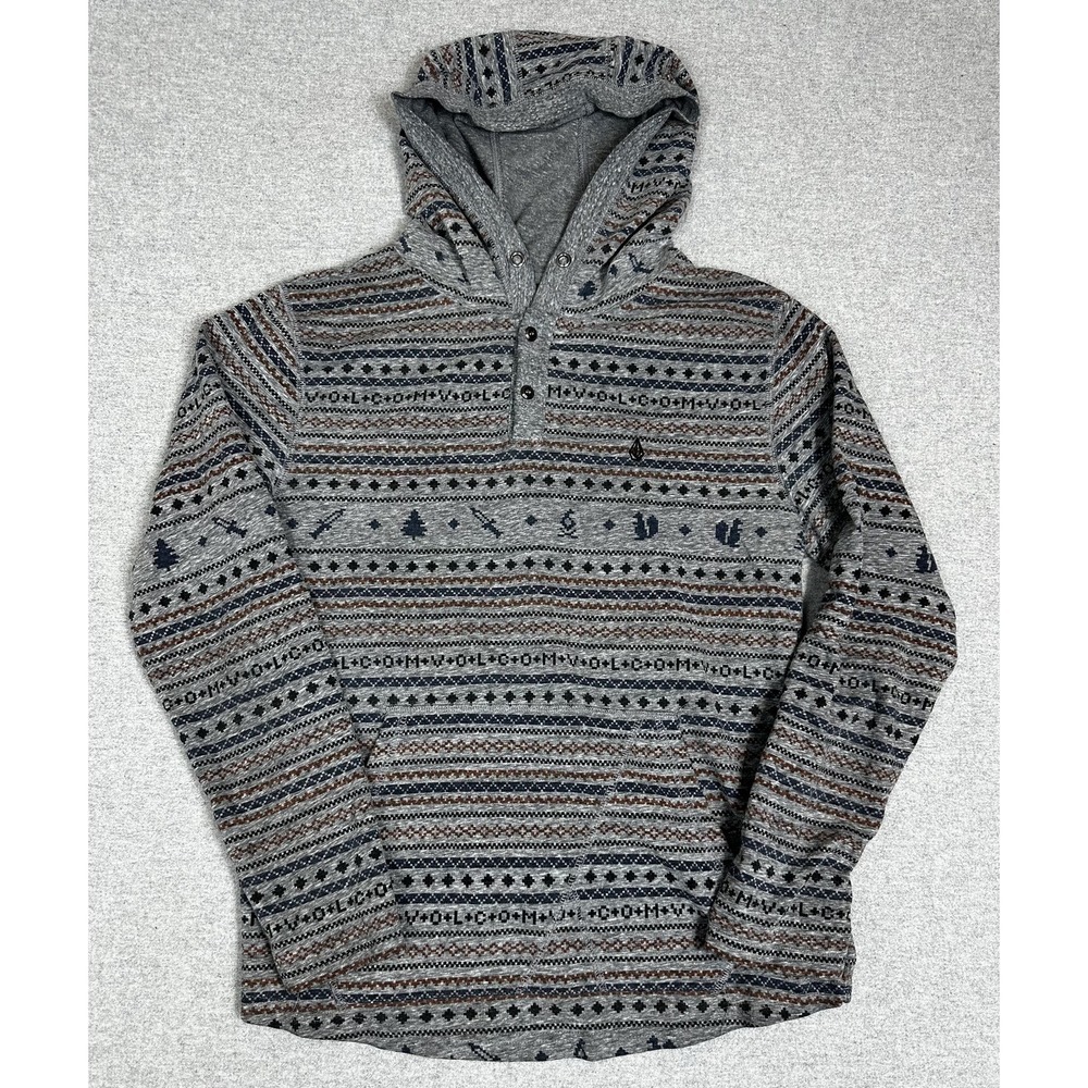 Volcom Hoodie Mens Medium Gray Fair Isle Aztec Henley Pullover Kangaroo Pocket